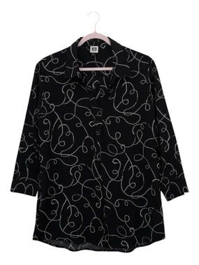 Anne Klein Black & White Baroque Print Button-Down Tunic Shirt
